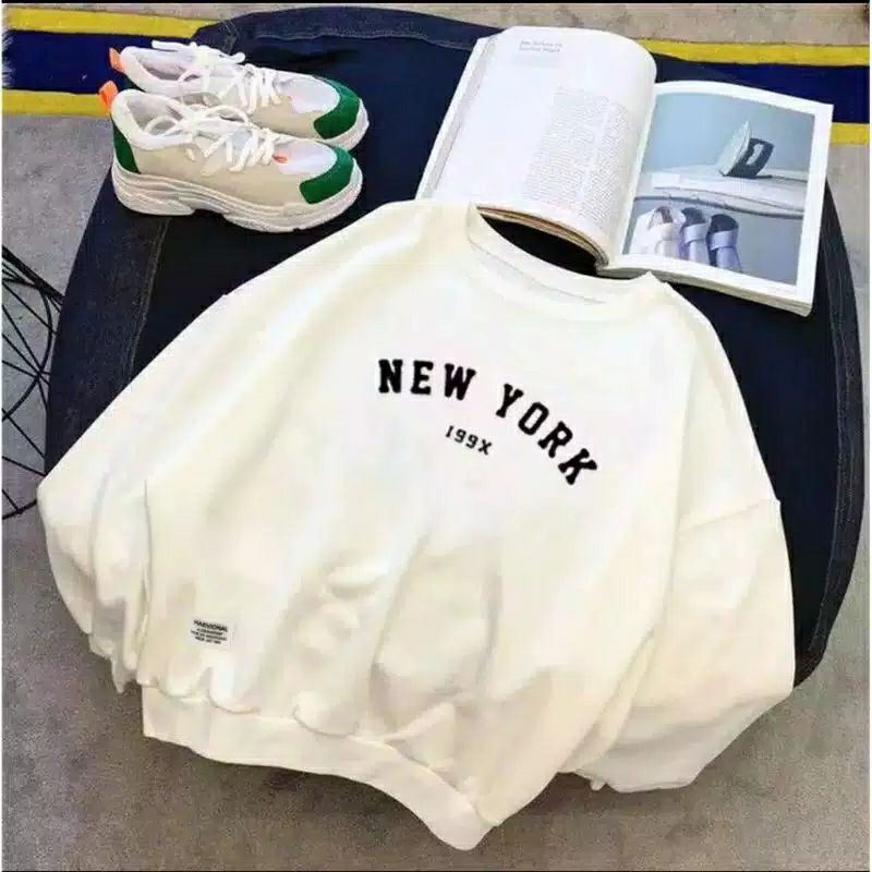 Basic Sweater Sablon NEW YORK 199X Bahan katun fleece tebal halus adem