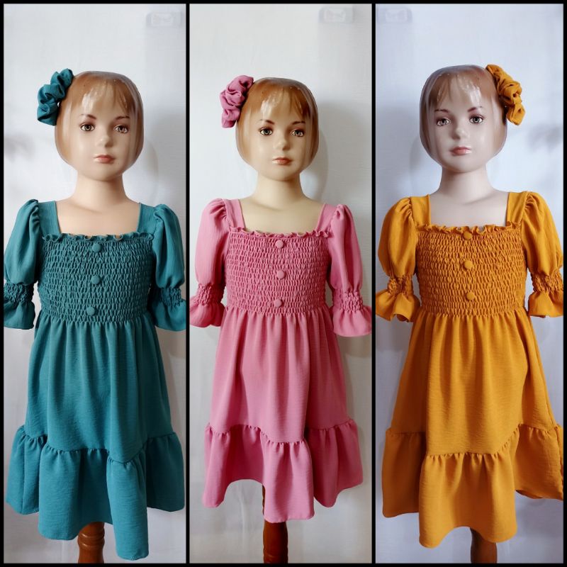 Midi Dres Anak Bahan Crincle,Baju Anak Sabrina,Dress Anak polos,Dres Kerut Dada