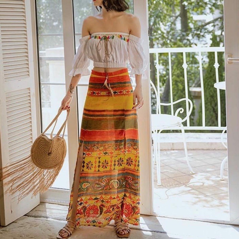 baju set model boho atau bohemian crop top sabrina dengan rok panjang CODE TG49-853