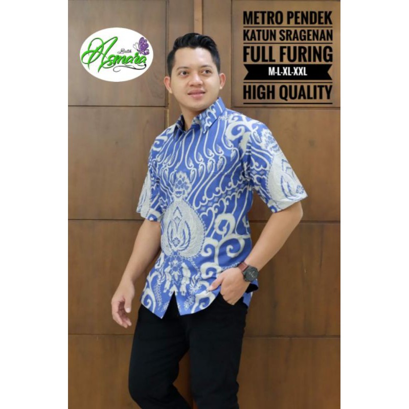 Hem Batik Lengan Pendek Pria Batik Pria Biru Lengan Pendek METRO PENDEK