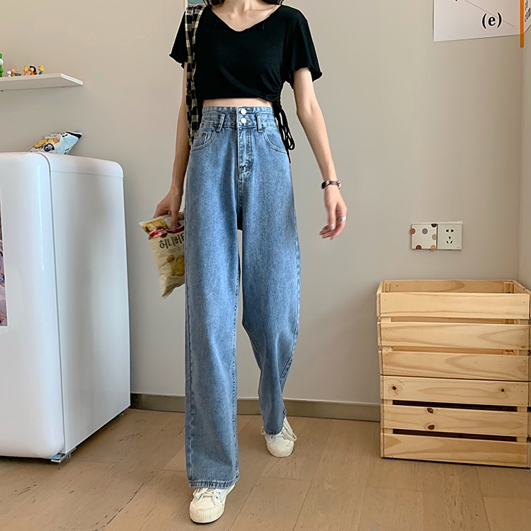 XIAOZHAINV Celana Jens Wanita Korean Style Highwaist Straight Wanita