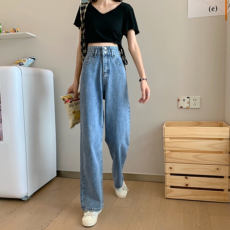 XIAOZHAINV Celana Jens Wanita Korean Style Highwaist Straight Wanita