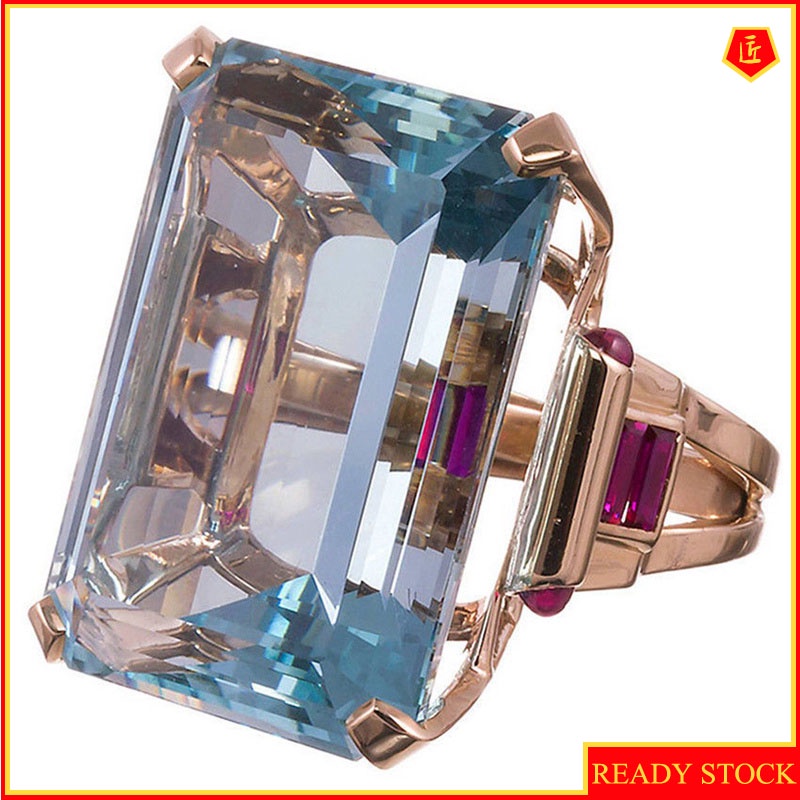 [Ready Stock]Inlaid Sea Blue Topaz Square Diamond Ring Rose Gold Elegant Fashion