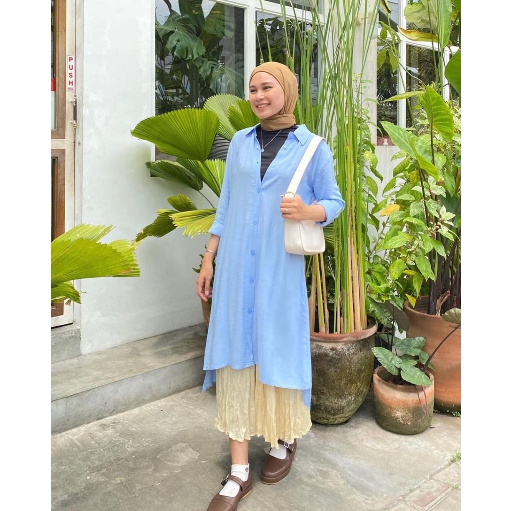 Tari Tunik Bahan Rayon Crinkle Deodora / Kemeja Atasan Wanita OVERSIZE Lengan Panjang Bahan Cotton C