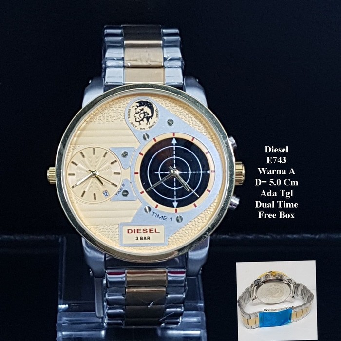 JAM TANGAN PRIA_DIESEL_E743 GOLD BLUE IN CREAM COLOR FREE BOX KANCING JAM TANGAN MURAH