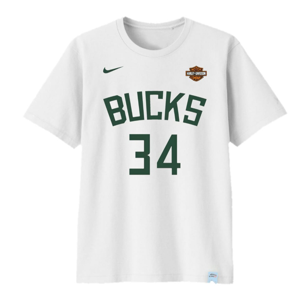 Kaos NBA Harley Davidson Milwaukee Bucks White | Cotton 30's Premium - Untuk Bayi, Anak, Remaja, Dew