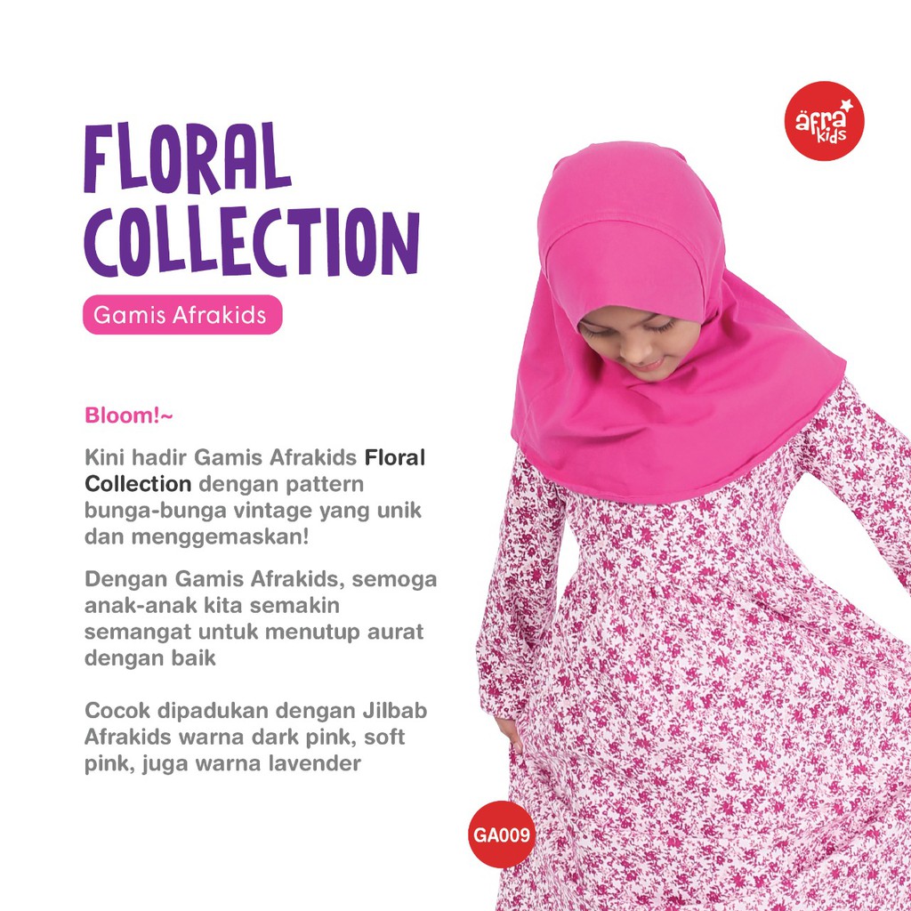 Gamis Anak Afrakids GA009 Motif Bunga Warna Pink Tua