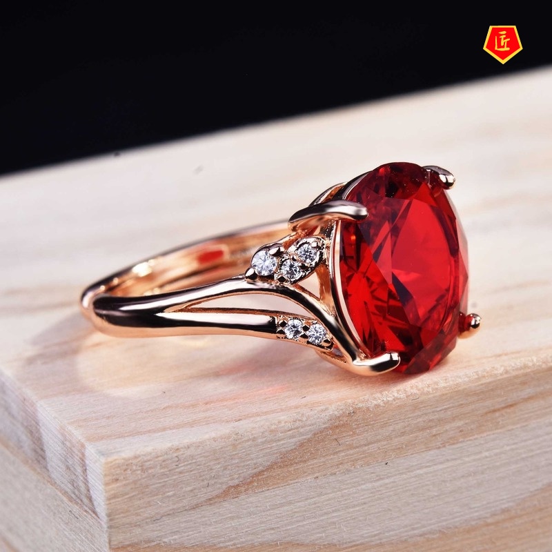 [Ready Stock]Oval Red Tourmaline Gemstone Open Ring Elegant Personality