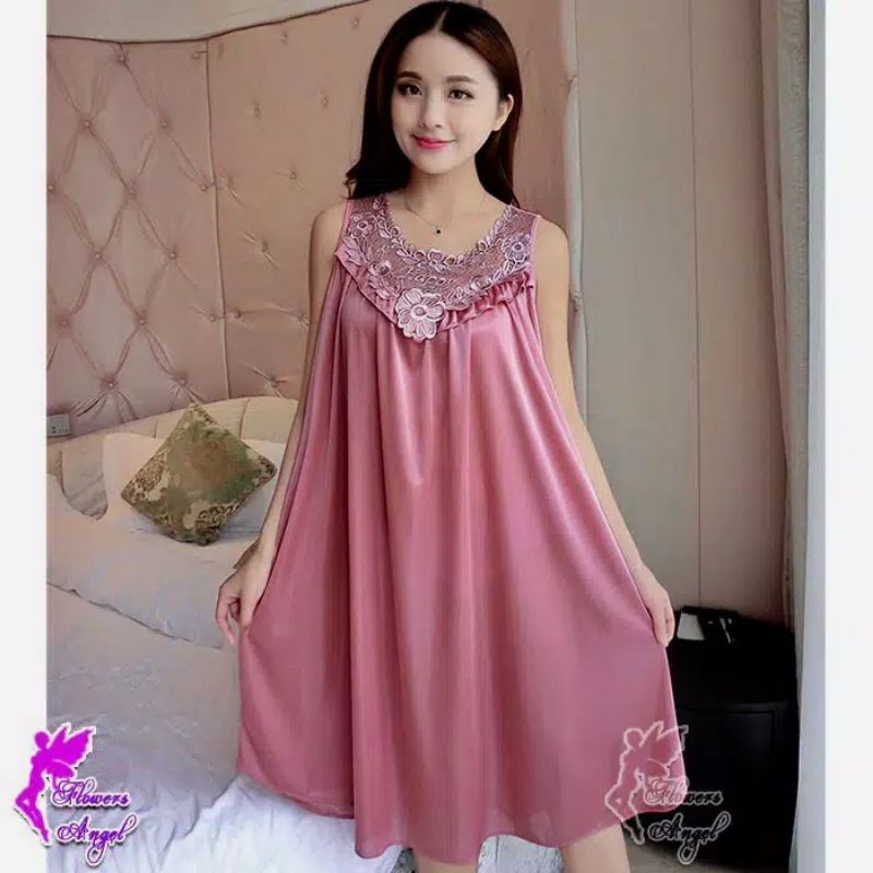 Daster tidur wanita Oversize jumbo satin blen lace impor.