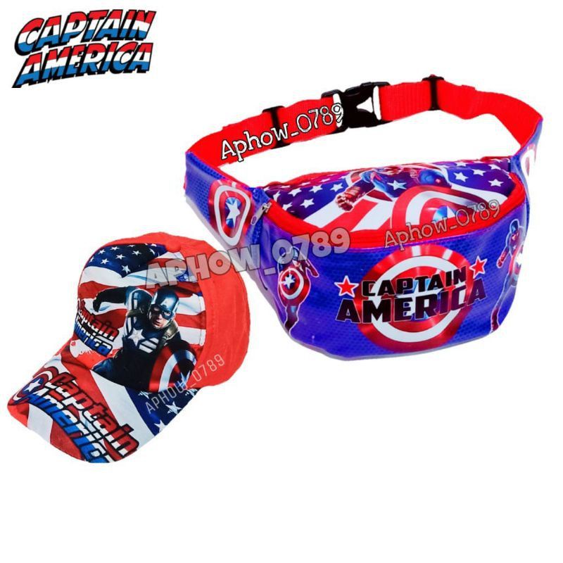 PAKET HEMAT 2IN1 TAS SELEMPANG WAISTBAG CAPTAIN AMERIKA FREE TOPI ANAK USIA 2-10THN