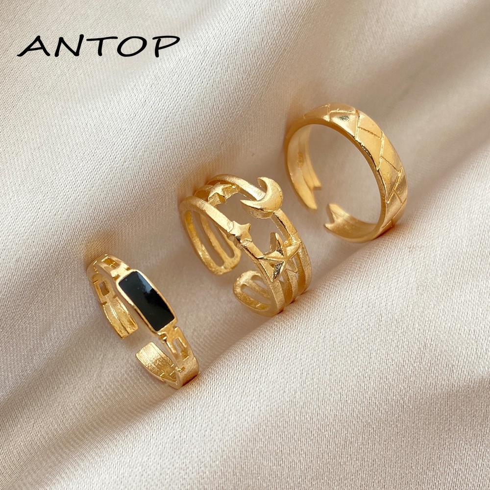 Fashion Retro Bintang Bulan Cincin Set Emas Dan Perak Cincin Pembukaan Perhiasan Aksesoris ANTOP