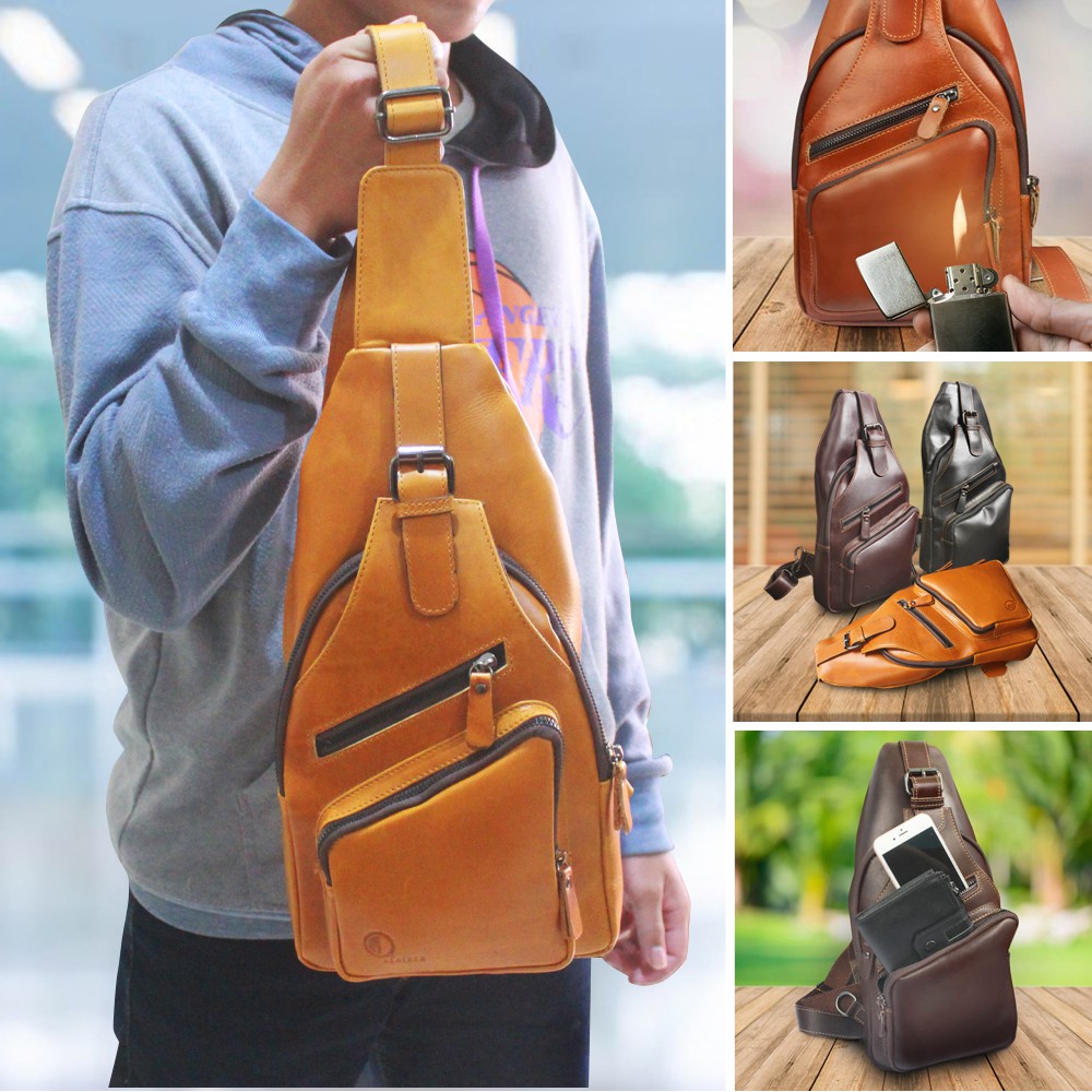 TAS KULIT MEWAH TAS SELEMPANG SLING BAG PRIA SLEMPANG BAHAN KULIT 100% SAPI ASLI PSL NEW