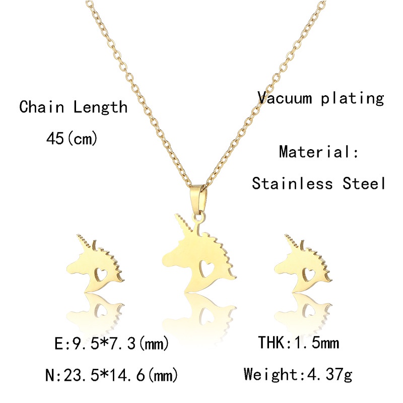 Aksesoris baru Eropa dan Amerika stainless steel unicorn anting-anting dan kalung set perempuan hewa