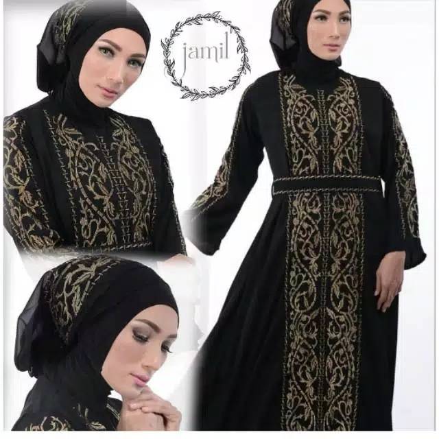 Gamis Pesta Muslimah Mewah Abaya Saraza Jamil Hitam Bordir Emas Gold Busui