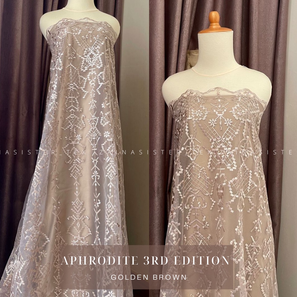 Bahan Kain Kebaya Brukat Tile Tille Bordir Premium Etnik Aphrodite Series Warna Emas Golden Brown