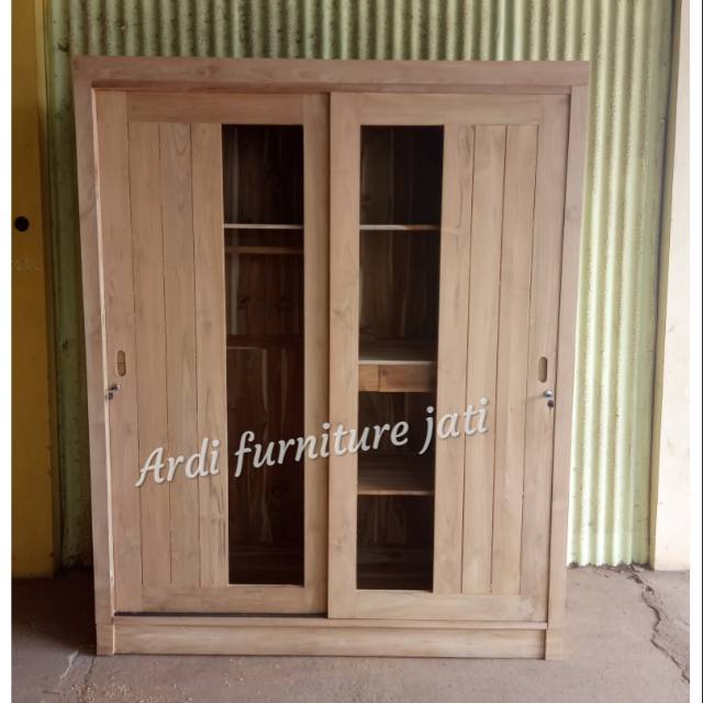 Lemari kayu jati alamari 2 pintu sliding kaca cermin lemari pakaian mebel jepara