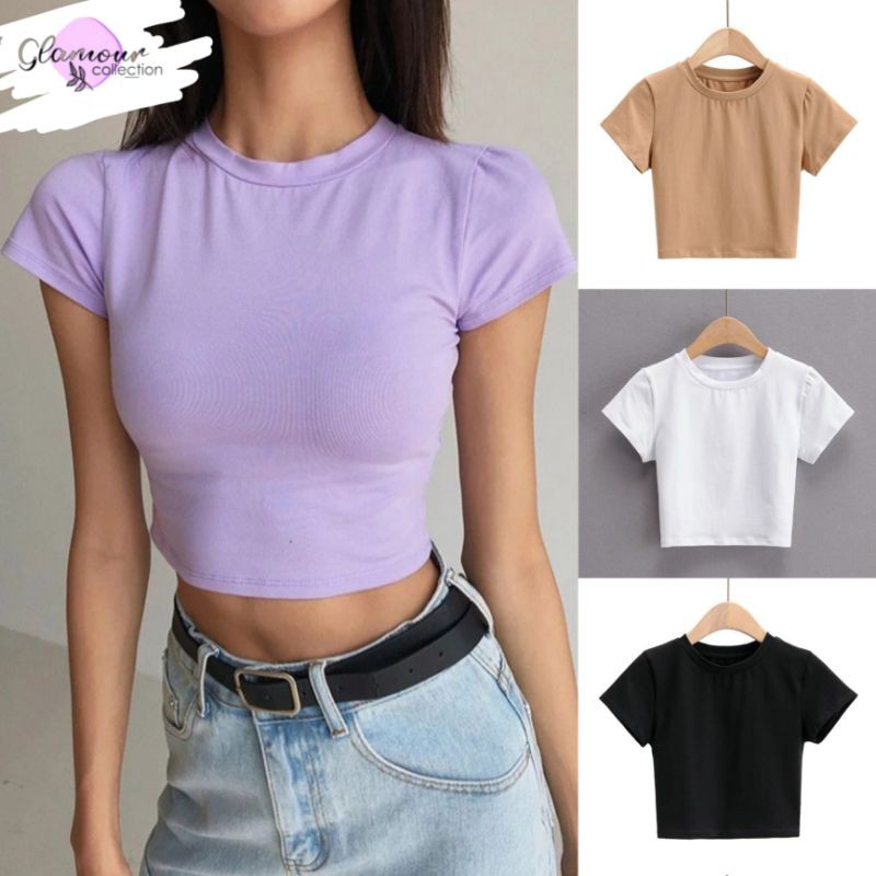 Glamour kaos Crop Top  Polos Kaos  Wanita Crop  Tee Press 