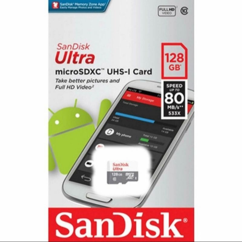 Memori Card Sandisk 128GB  Micro SD Ultra Class 10 Micro SD Speed Up To 80MB/s