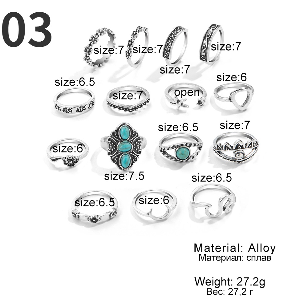 Set Cincin Desain Ular Aksen Kristal Turquoise Hijau Gaya Retro Bohemia Vintage Untuk Wanita