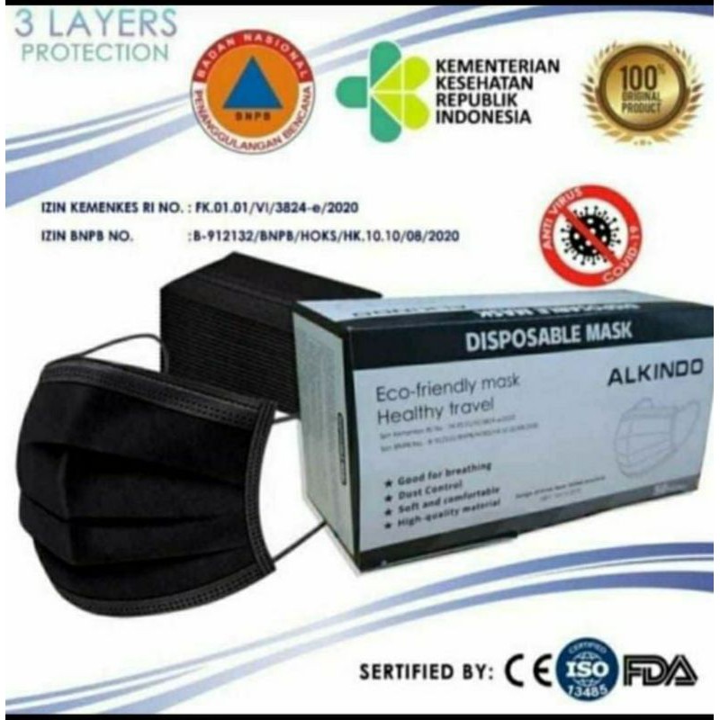 ALKINDO MASKER HITAM EARLOOP / DISPOSABLE MASK BLACK 3PLY