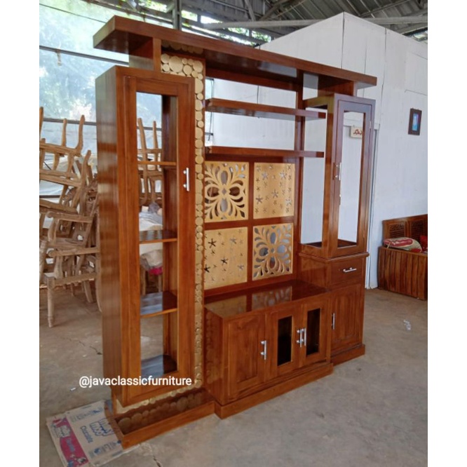PARTISI TV MINIMALIS PENYEKAT RUANGAN SKETSEL LEMARI TV BAHAN KAYU JATI FINISHING NATURAL FURNITURE JEPARA-2
