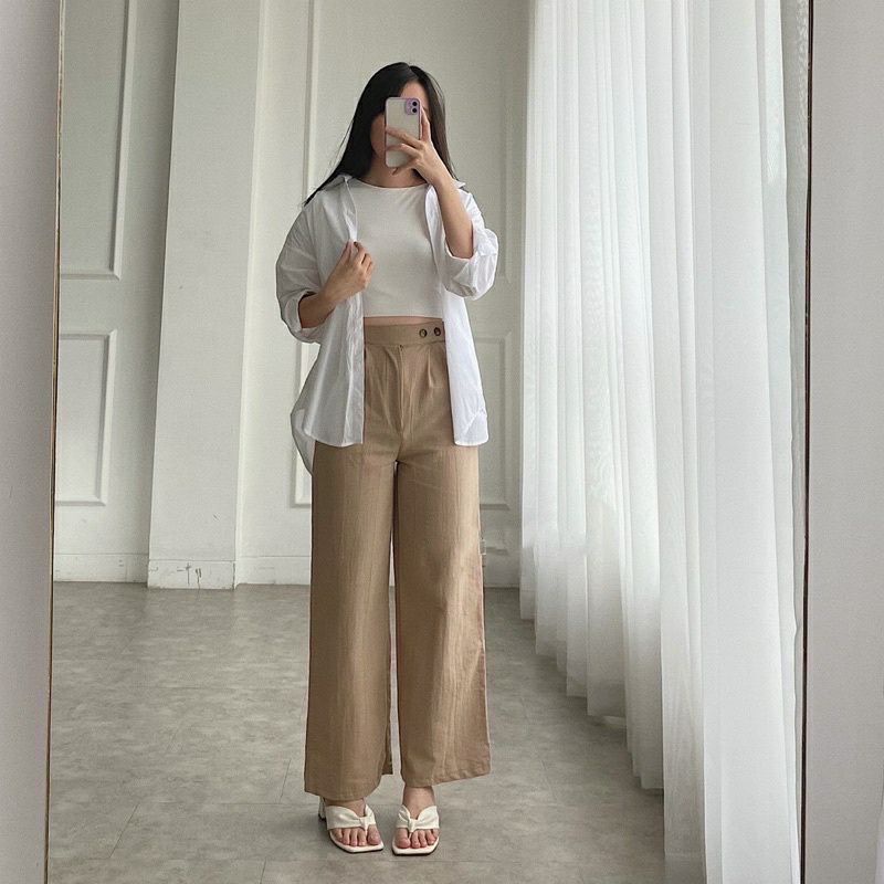 2240 VENYTA HIGHWAIST KULOT LINEN DAILY CELANA SIDE BUTTON KOREAN STYLE HITS WANITA KOREA CULLOTE