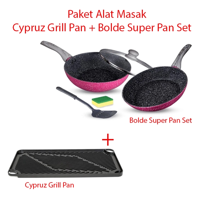 Paket Alat Masak Grill Pan 2in1 + Bolde Super Pan Set Black Pink