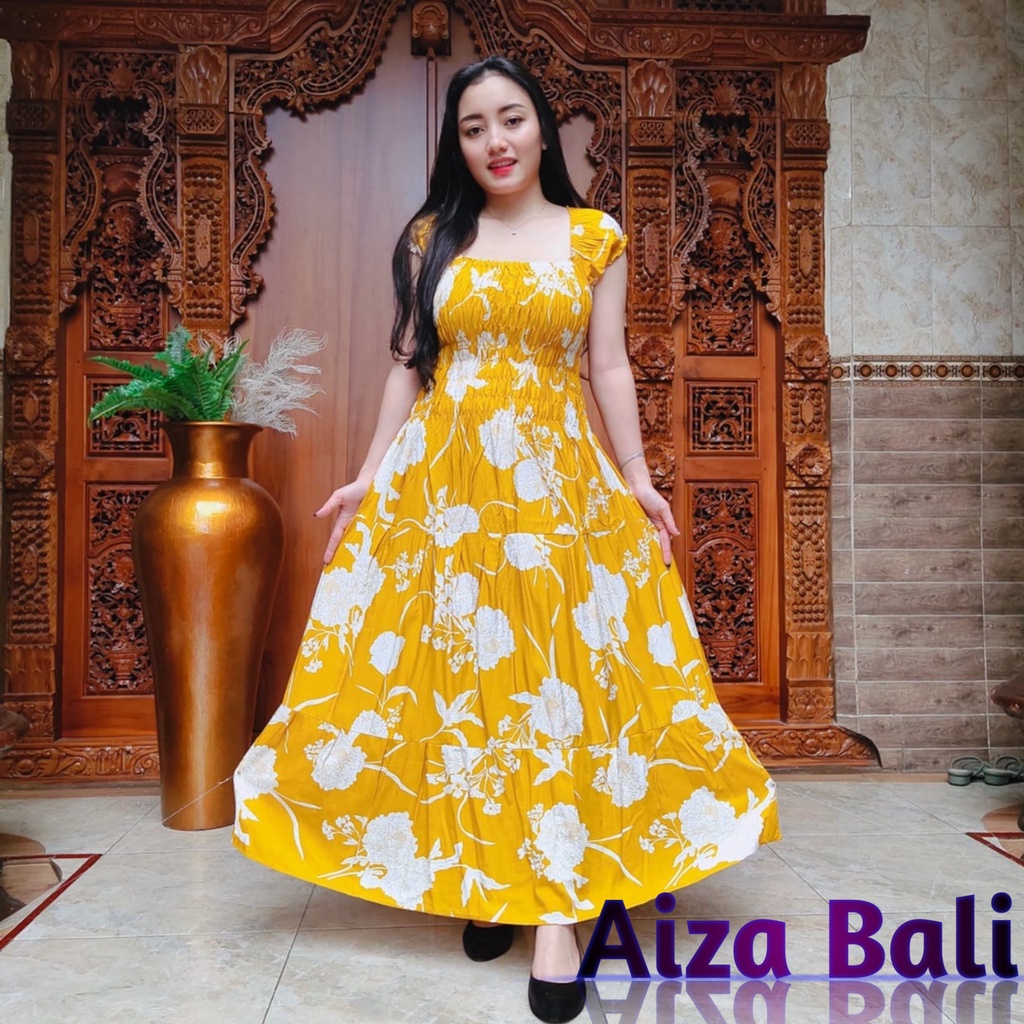 Dress Daster Canda Panjang Motif Sun Flower Bunga Korea Lengan Pendek Rayon Super Premium Bali Terba