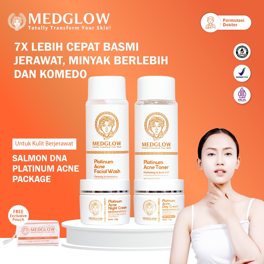 MEDGLOW CLINIC Platinum Acne PDRN Salmon DNA Package + Bonus Tas Kulit | Paket Skincare Krim Pagi Ma