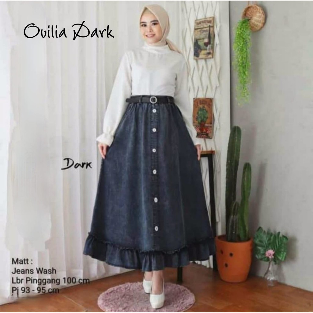 Orimoza Xandra Rok Jeans Panjang Kancing Depan Button Denim Skirt Snow-OVILIA JEANS DARK