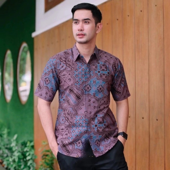 batik pria  Kemeja batik pria elegan premium lapis furing sekar ungu pendek - Manca pjg, M elegan bi