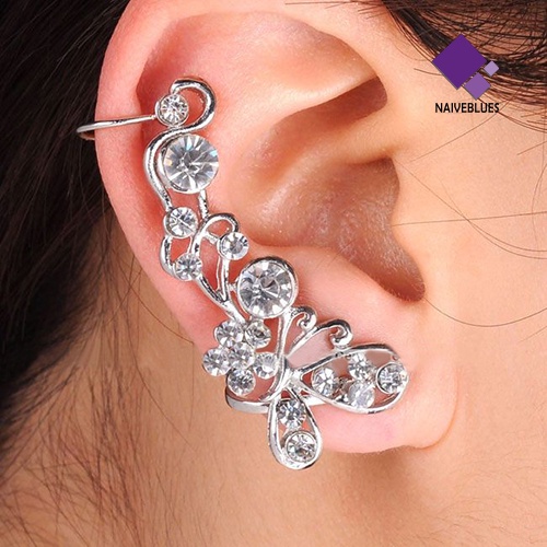 Anting Stud Desain Bunga Butterfly Aksen Kristal Tiruan Gaya Retro Untuk Telinga Kanan