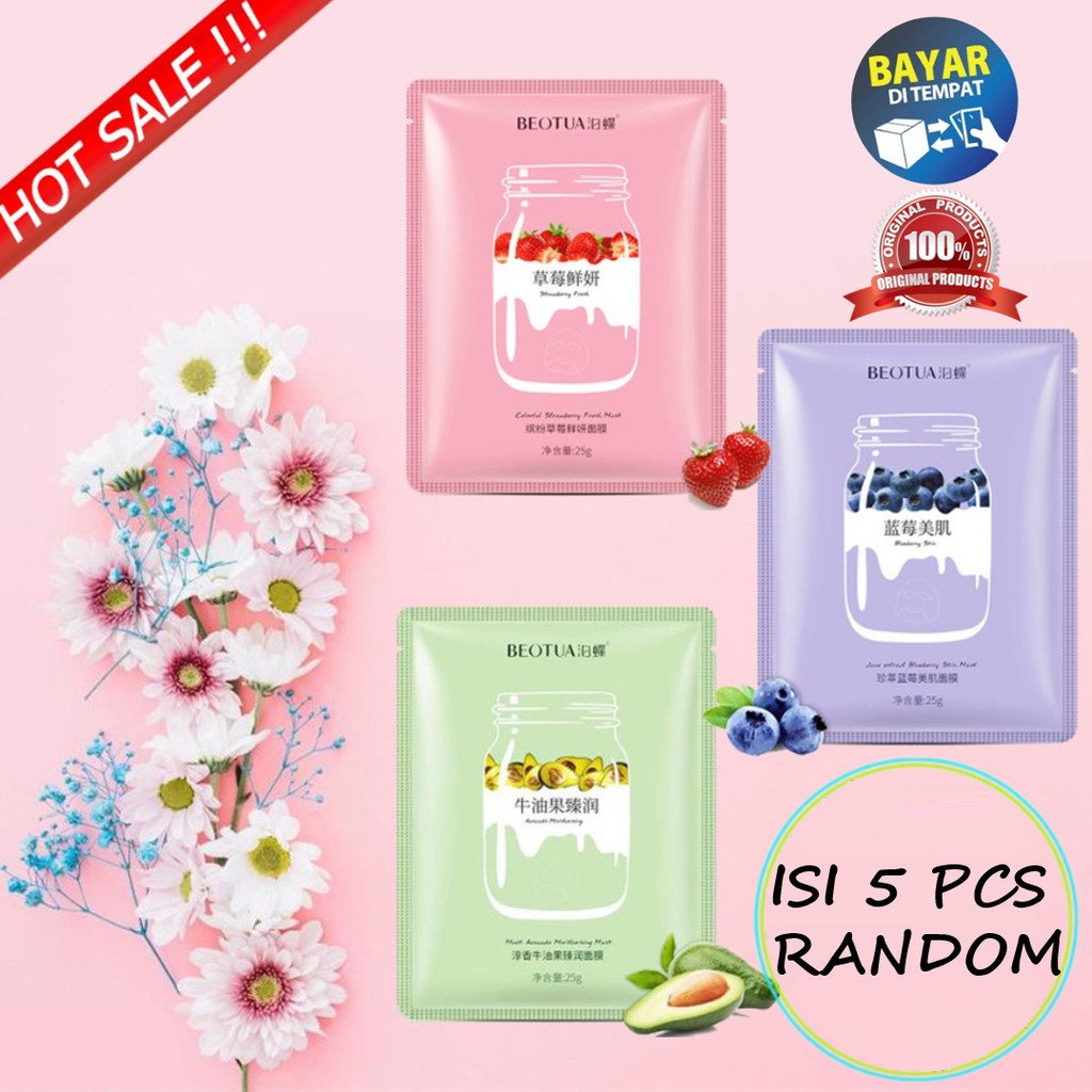 5 Pcs RANDOM Masker Wajah Beotua Yogurt Sheet Mask / Masker Muka Beotua Facial Sheet Mask Masker Wajah Organik Pemutih dan Glowing / Masker Organik Anti Komedo dan Jerawat / Masker Wajah Korea Murah Pria Wanita