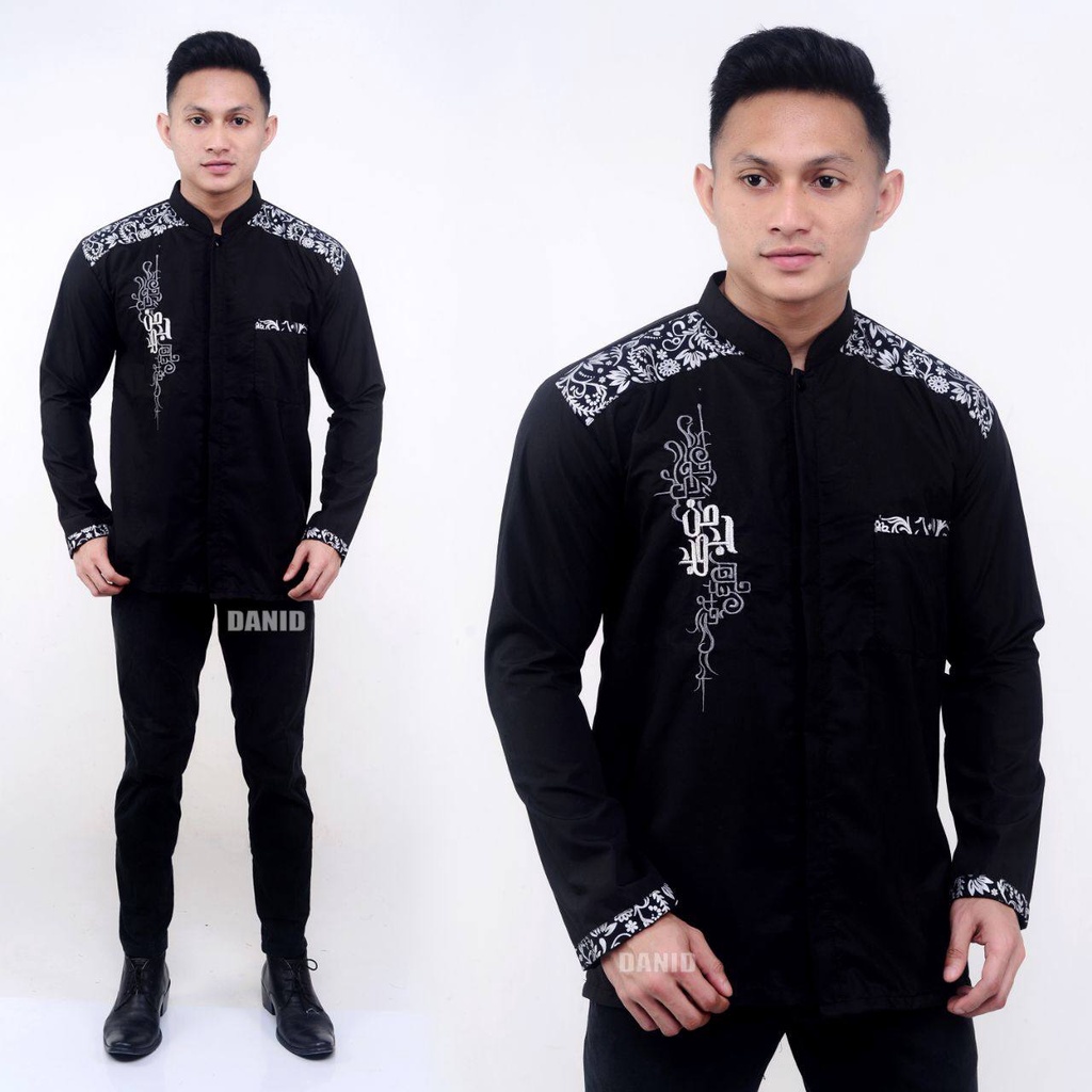 Baju Koko Pria Lengan Panjang Hitam Temu Ireng Motif Bordir Kombinasi Batik Terbaru Bahan Katun Halus Adem Nyaman Dipakai