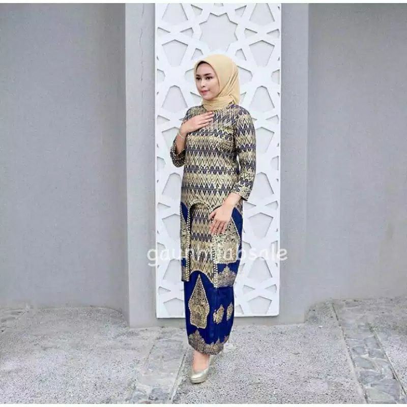 SETELAN BATIK SONGKET PALEMBANG MOTIF WAYANG BIRU