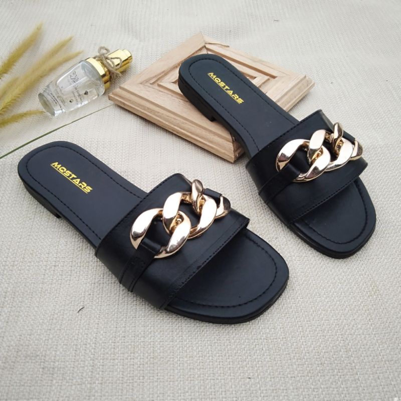 mqstars Sandal Flat Wanita Selop Ring Rante Terbaru