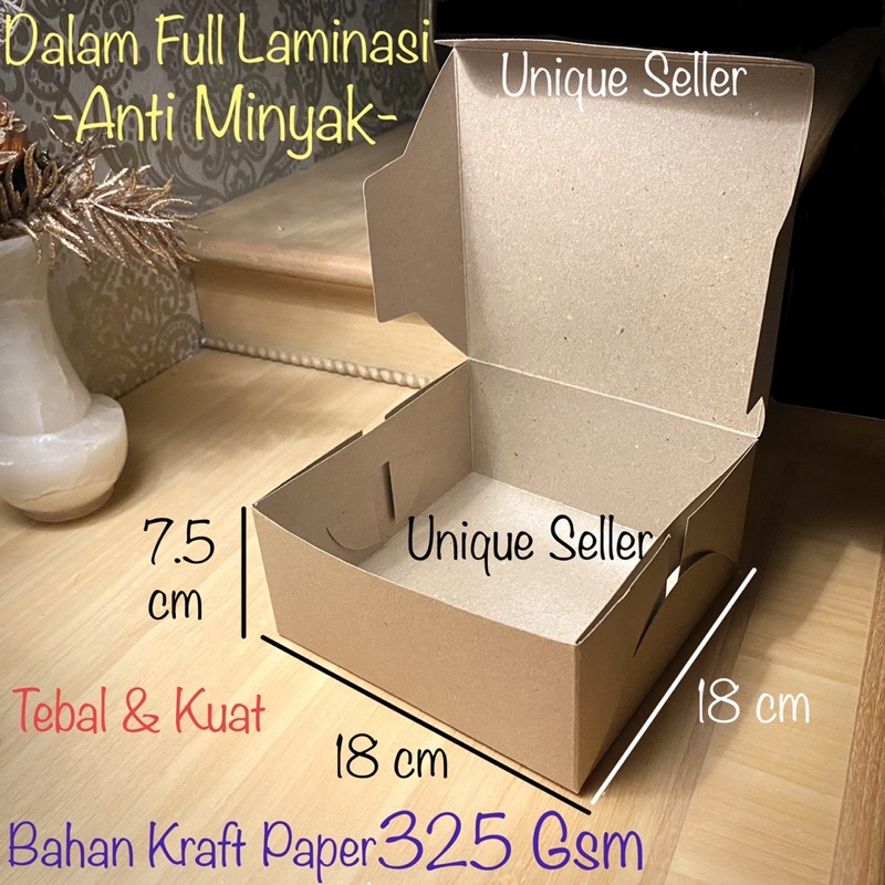 Dus Kotak Box Nasi R8 Kraft 18x18x7.5 Laminasi 325 Gsm MINIMAL PEMBELIAN 10 PCS / Dus Kotak Box Roti Kue 18 x 18 x 7.5 / Dus Kotak Box Hampers 18x18 x 7.5 / Dus Box Kotak Kue Tart 18x18x7.5 / Dus Box Kotak Coklat EFlute 18x18 x 7.5