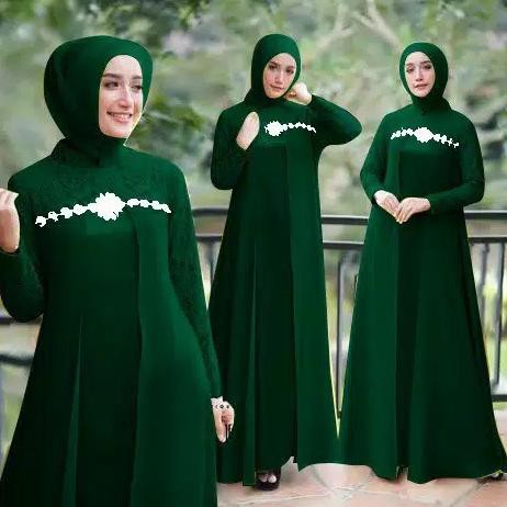 Gamis Maxi Zelia/Moscrepe Kombinasi Brukat Lapis Furing/No Jilbab - Hijau Botol, M