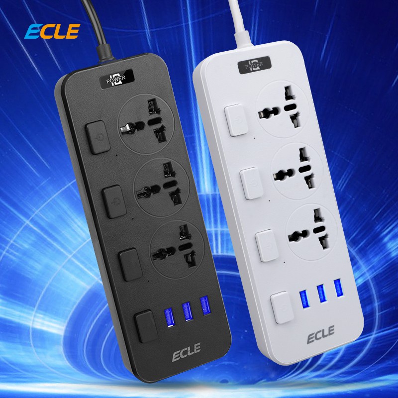 ECLE Stop Kontak Listrik Fast Charging - Power Strip Colokan Listrik Universal 110V - 250V dengan 3 USB Port 5V, 1A + Switch button dan Indikator LED - Panjang Kabel 2 Meter
