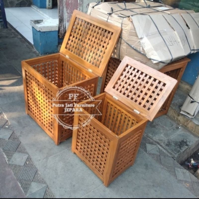 Box laundry kotak peti pakaian kotor bahan kayu jati