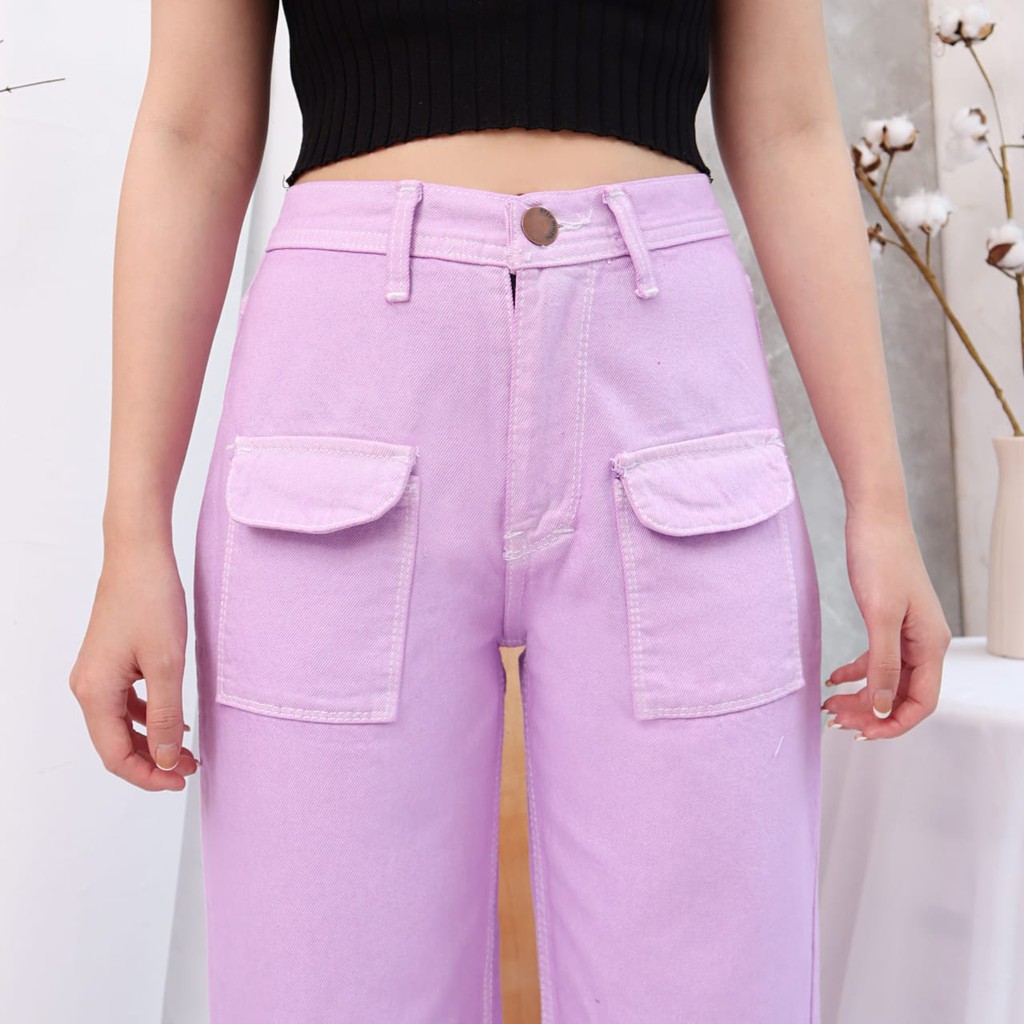 HOPYLOVY Celana Boyfriend Jeans | Celana Kulot Jeans Wanita Kantong Depan Shira Lilac Ungu Violet | Celana Lilac