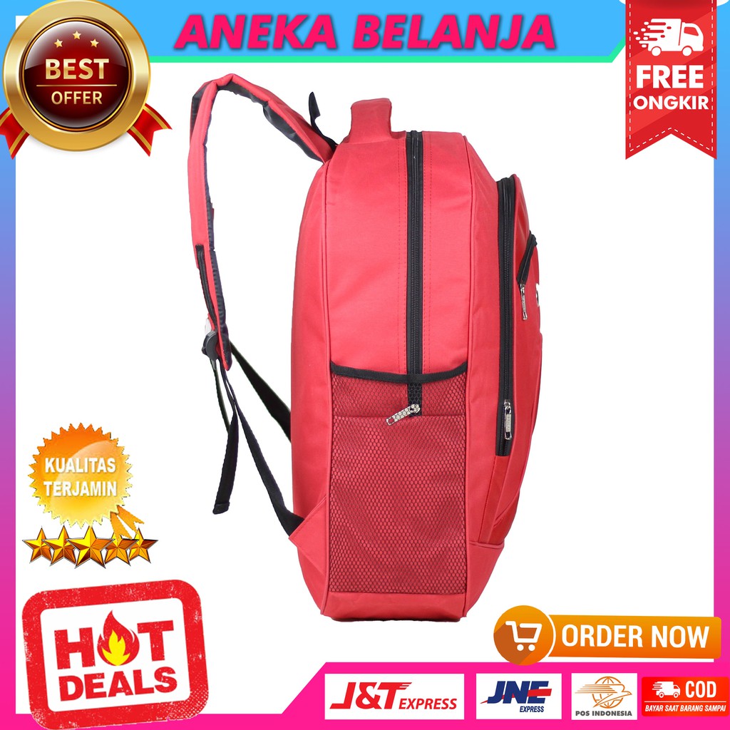 Tas Punggung Pria Sekolah Polo Essential Merah Backpack Cowok Stylish SD SMP Kerja Kuliah Berkualitas Free Raincover Bahan Awet Tebal Harga Terlaris Termurah