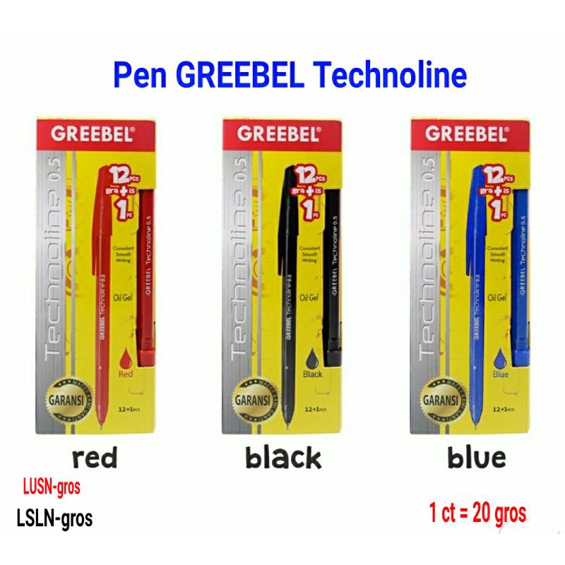 

1Lusin=12pcs + 1pcs Pulpen Pen Greebel Technoline Hitam Biru Merah