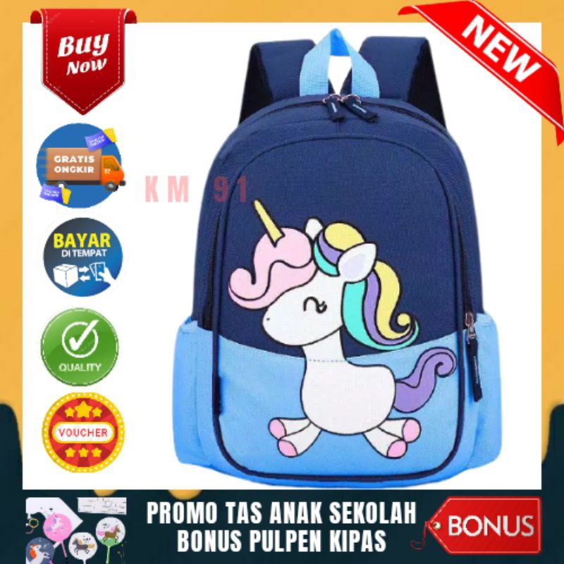 Tas Sekolah Anak Perempuan Karakter Unicorn Bonus Pulpen Kipas