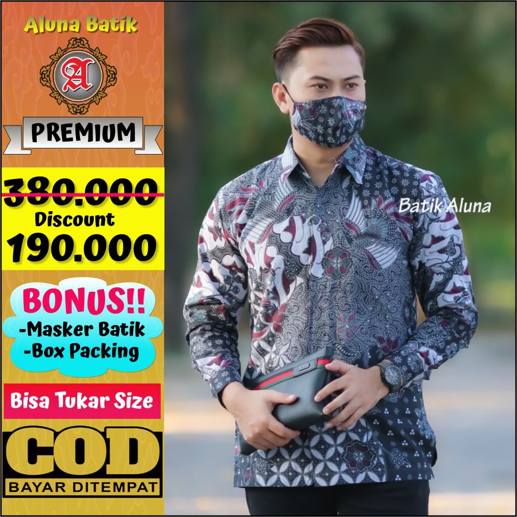 Batik Pria Laki Laki Cowok Baju Kemeja Lengan Panjang Premium Asli Produksi Batik Aluna PCW 106