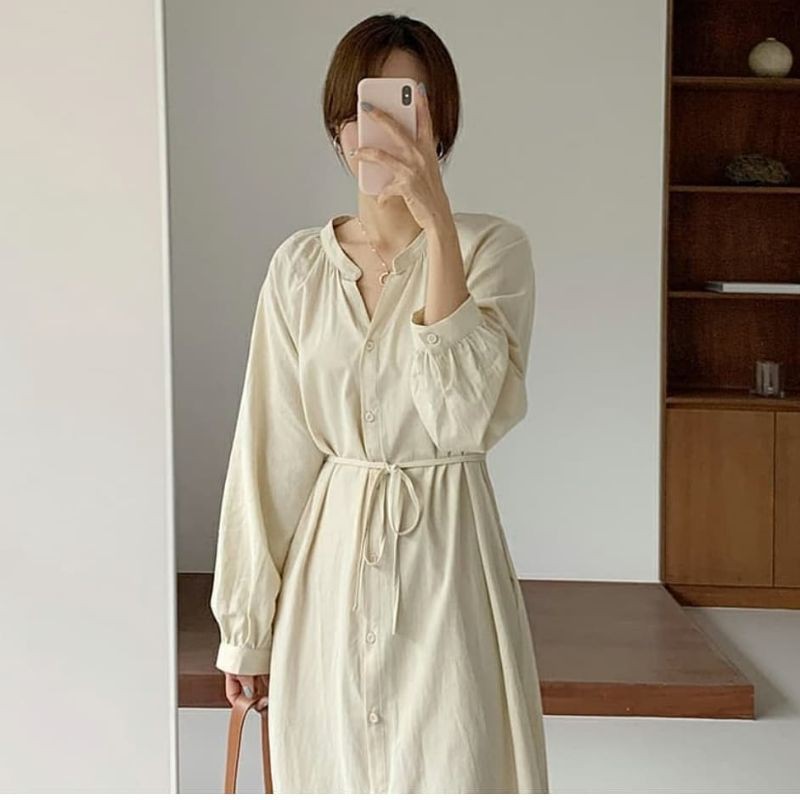 Sydney Dress Pakaian Wanita Korean Style Midi Dress Linen Rami Angel