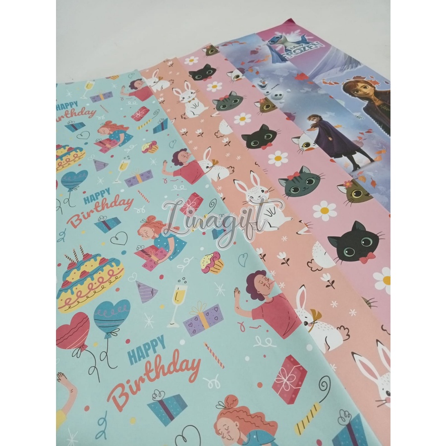 ( 5 Lembar - 5 Motif ) MIX NETRAL - KERTAS KADO SANWA - GIFT WRAP SANSAN WAWA DOTS POLKADOTS SALUR ONDE GARIS CARS FROZEN SUPERHERO JUSTICE LEAGUE PARIS LONDON STARS LOVE ROMANCE MICKEY TRUCKS TRIANGLE SHARKS FISH AVENGERS PIRATES SPIDERMAN CIRCUS