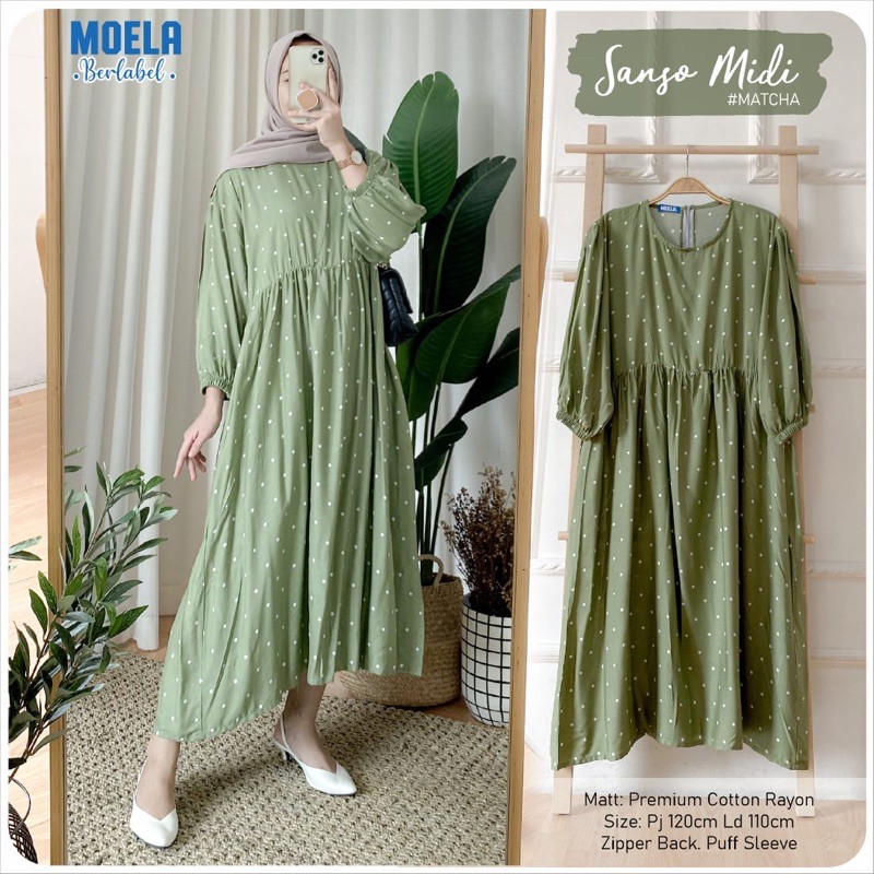 Dress Gamis Midi Sanso Matcha Polkadot Putih Ld 110 by Original Moela Berlabel