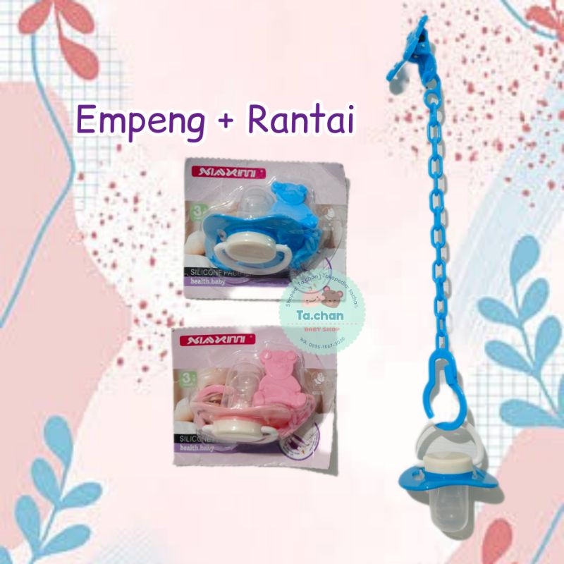 Empeng dan rantai / pacifier / empeng bayi /empeng gepeng / empeng bulat/ empeng Huki