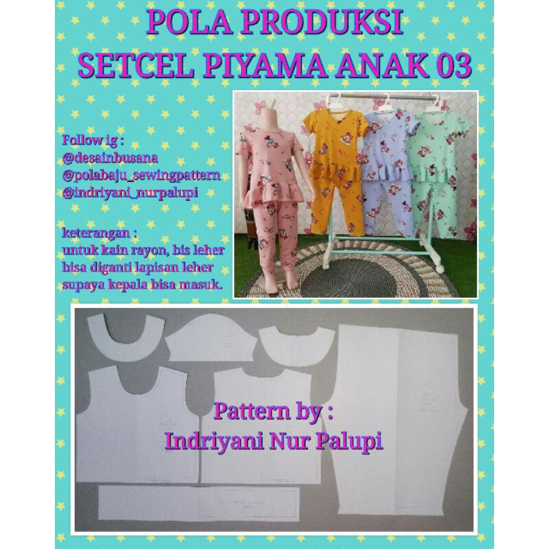 POLA PRODUKSI BAJU SETCEL PIYAMA ANAK 03 - Pola Baju setelan anak Ruffle - Pola Instan